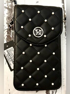 Badgley Mischka Black Quilted Crossbody Phone Bag with Pearl Accents